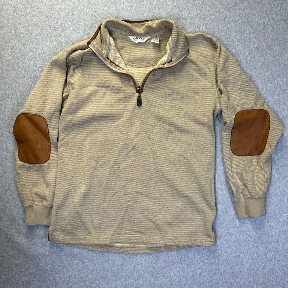 Orvis Men’s Size Medium Quarter Zip Pullover Sweater with Elbow Patch Tan Brown